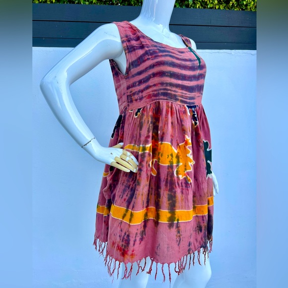 80s/90s Dark Coral Hawaiian Tie Dye Tassel Dress - Picture 1 of 10